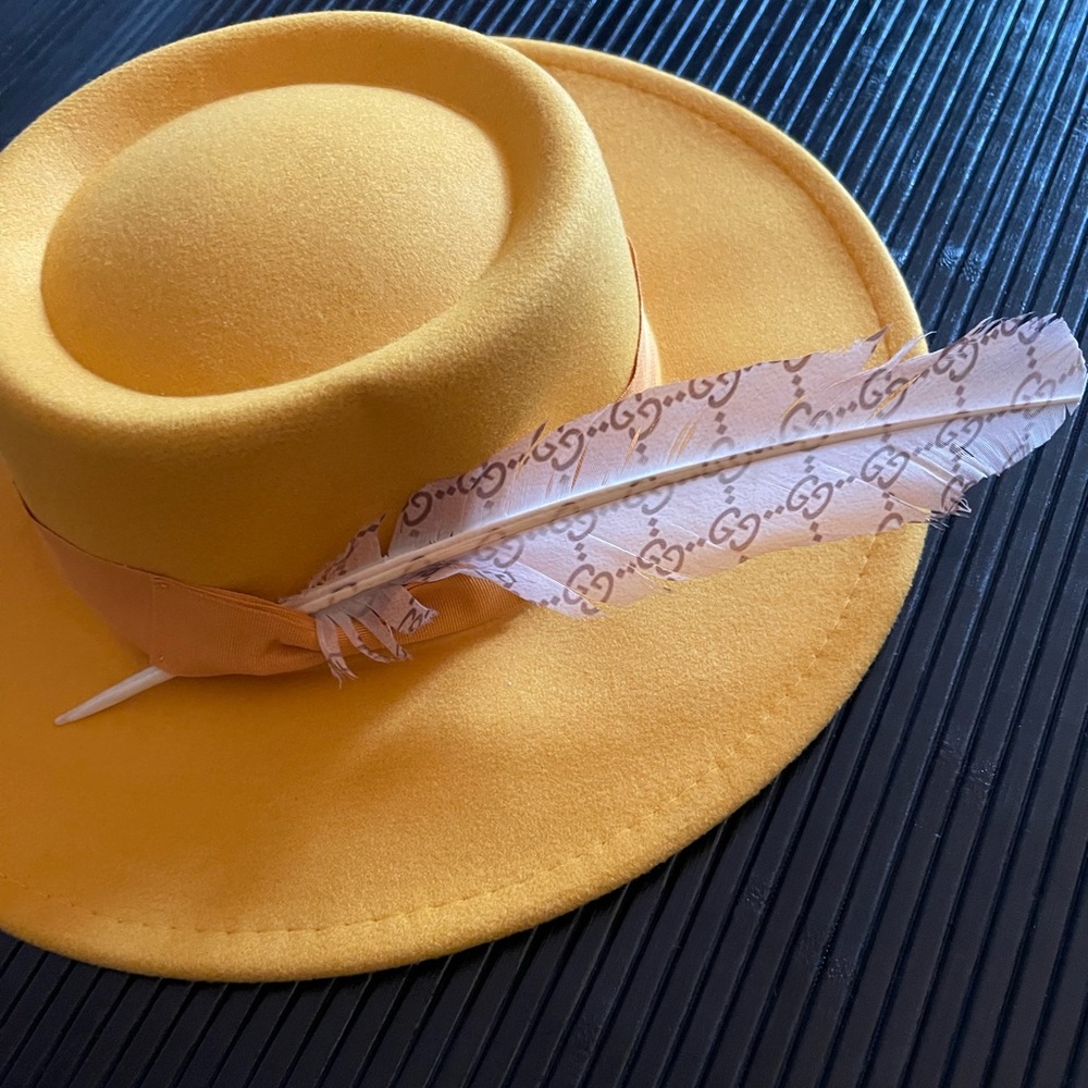 Anthropologie Mustard Hat with Feather Detail